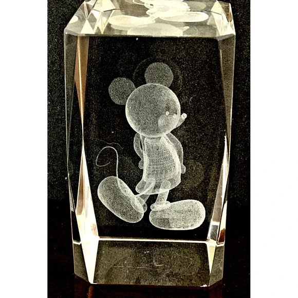 Disney Mickey Mouse 3D Laser Etched Crystal Glass Paperweight Block Prism - Picture 3 of 8